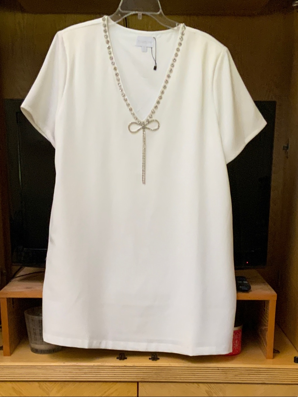 Sugarlips White Mini Dress with Rhinestone Bow Necklace Detail